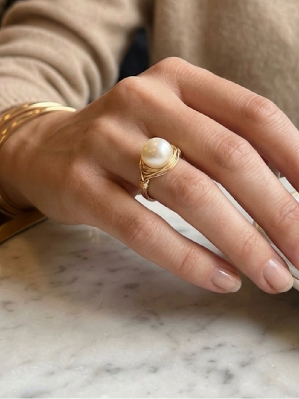 Artisan Gold Wire-Wrap Ring with White Pearl